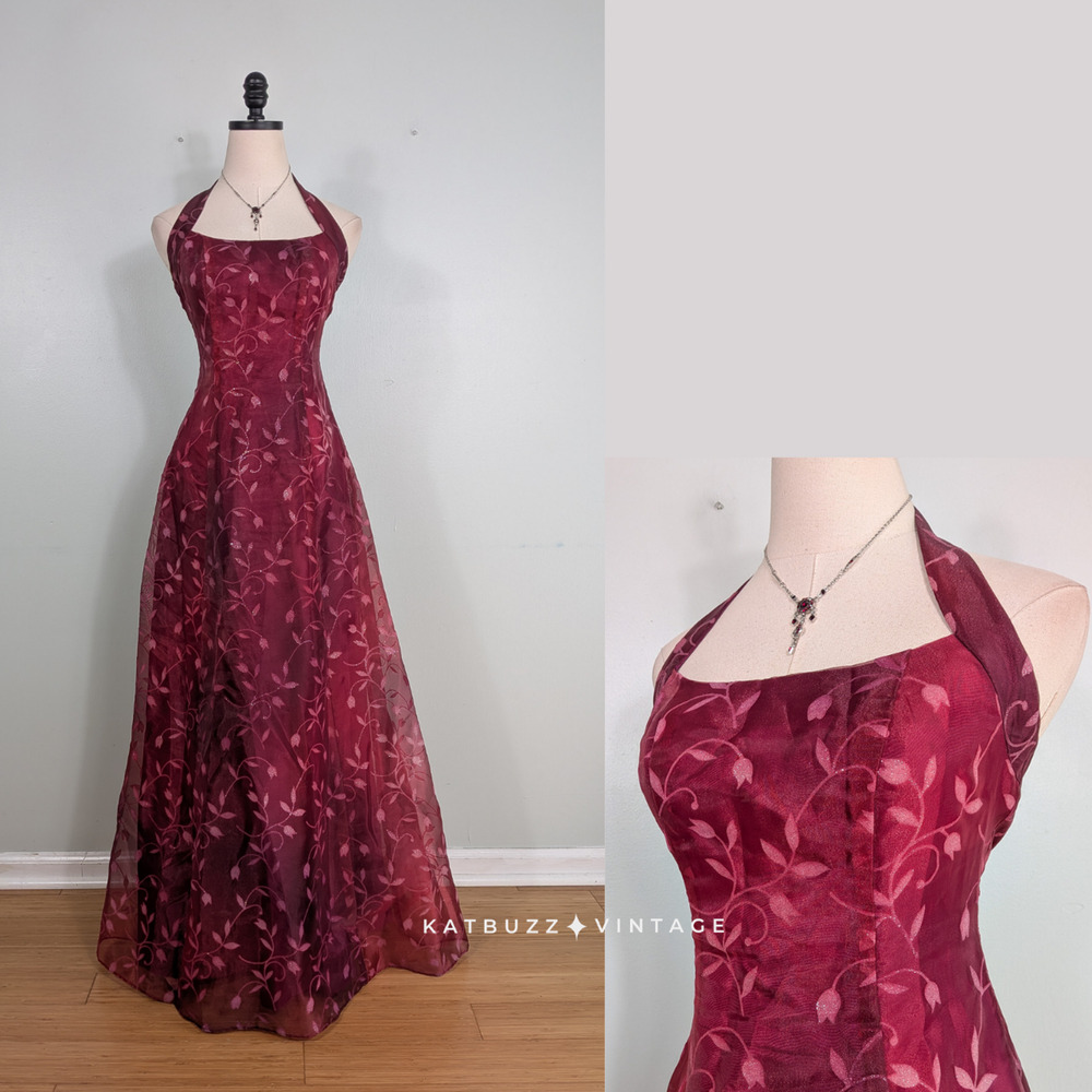 Vintage Prom Dress Maxi Gown 0 00 Red Floral Halter Ombre Goth Princess 90s Y2K